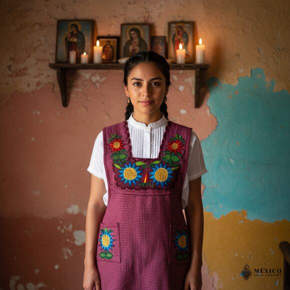 Reds Mexican Embroidered Apron – Basic Handmade Apron with Floral Design - Picture 6 of 9